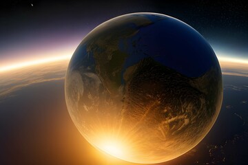 星々がちりばめられた宇宙から見た壮大な地球、太陽の光が地球を照らす