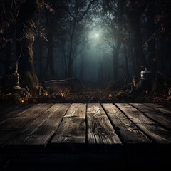 Halloween background. Spooky forest with full moon and wooden table, ai technology