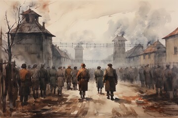 Dark WWII prison camp with prisoners as silhouettes illustration (1939-1945) - obrazy, fototapety, plakaty
