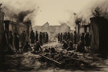 Dark WWII prison camp with prisoners as silhouettes illustration (1939-1945) - 649303713