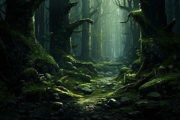 A forest landscape with rich green hues. Generative AI