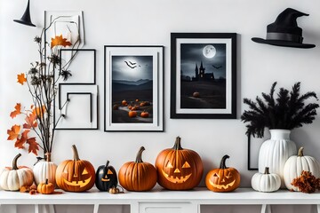 Obraz premium halloween background with pumpkin and scary paintings on wall. 