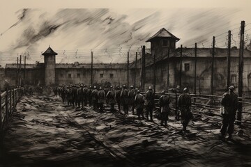 Dark WWII prison camp with prisoners as silhouettes illustration (1939-1945)