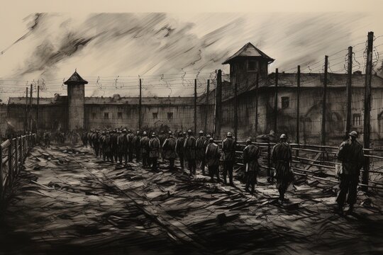 Dark WWII prison camp with prisoners as silhouettes illustration (1939-1945)