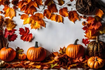 pumpkins and autumn leaves on a white  background.