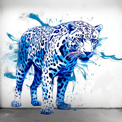 Leopard with Blue Splashes on White Background. Mural Art of Blue Predator. Leopard Art. Beautiful Wild Animal. Feline Energy. Blue Panter. Jaguar in Movement. Digital Art. Generative AI
