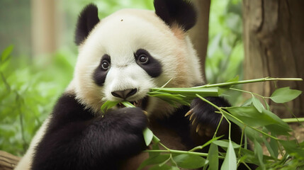 A tiny baby panda, its eyes sparkling with innocence, contentedly nibbles on fresh green bamboo...