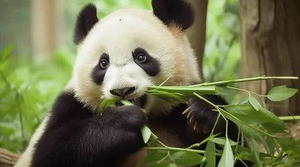 Foto auf Alu-Dibond A tiny baby panda, its eyes sparkling with innocence, contentedly nibbles on fresh green bamboo shoots amidst the lush tranquility of the verdant forest.ai generate © sukalya