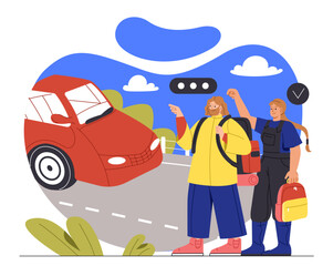 Tourists with bags near car concept. Man and woman hitchhiking. Travel and trip, active lifestyle. Young guy and girl near highway. Couple travelling with automobile. Cartoon flat vector illustration