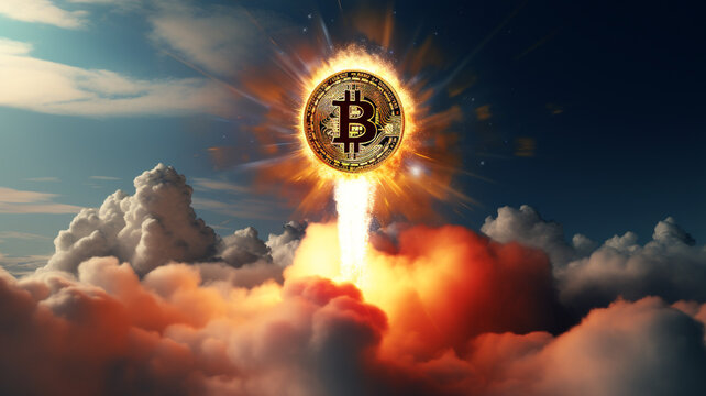 Shiny golden bitcoins are soaring in the sky.