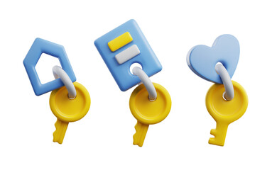 Set of cute 3d keys in cartoon style, vector illustration isolated on white background.