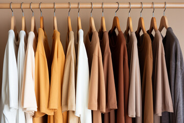 close up of neutral color clothes on hangers on a clothes rack