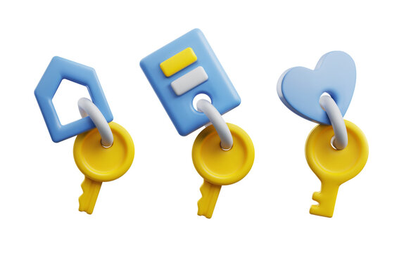Set of cute 3d keys in cartoon style, vector illustration isolated on white background.