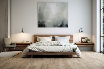 Modern bedroom with bed, window, parquet floor, lamp, and blank canvas. Generative AI - obrazy, fototapety, plakaty
