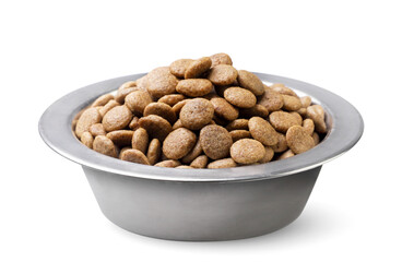 Dry cat food in a bowl close-up on a white background.