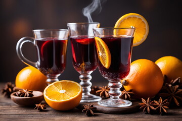 Glühwein mit aromatischen Gewürzen und Zitrusfrüchten auf einem Holztisch, Traditionsgetränk...