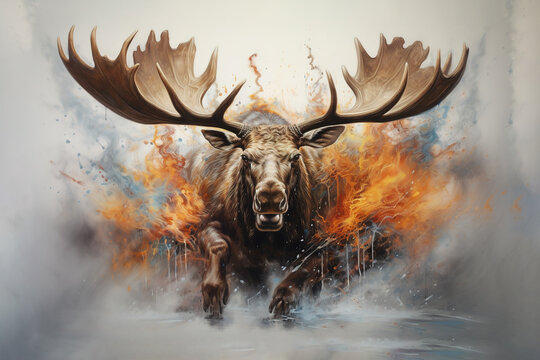 Image of fantasy of deer moose and flames and smog. Wildlife Animals. Illustration, Generative AI.