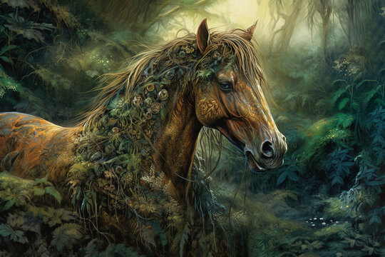 Image of horse in the jungle covered with leaves and grass. Wildlife Animals. Illustration, Generative AI.