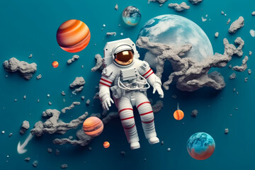 Paper art style , Astronaut floating in the space , Beautiful planet in the stratosphere , Paper cut