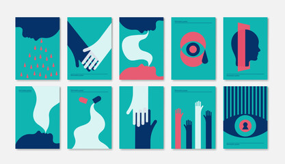 A set of posters on the theme of therapy, mental health, support, mental illness.Vector illustration.
