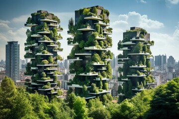 Tall green skyscrapers decorated with vertical gardens and foliage. Generative AI