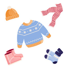 Collection of winter clothes and outerwear. Set warm winter clothing