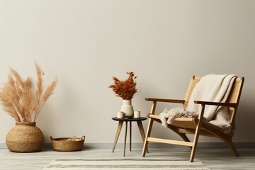 Neutral concept of living room interior with design wooden armchair, round carpet, dried flowers in vase, slippers, decoration and elegant personal accessories. generative ai.