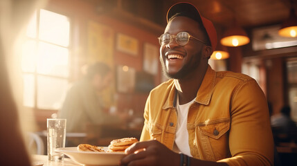 Happy smiling afro american black man eating a pile of pancakes in a rustic style dinner for breakfast