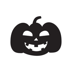Simple isolated black pumpkin silhouette with scary face on white background for icons, stickers, webs, apps, posters