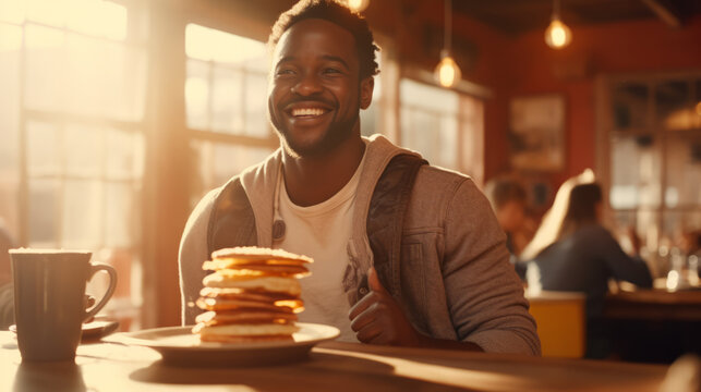 Happy smiling afro american black man eating a pile of pancakes in a rustic style dinner for breakfast
