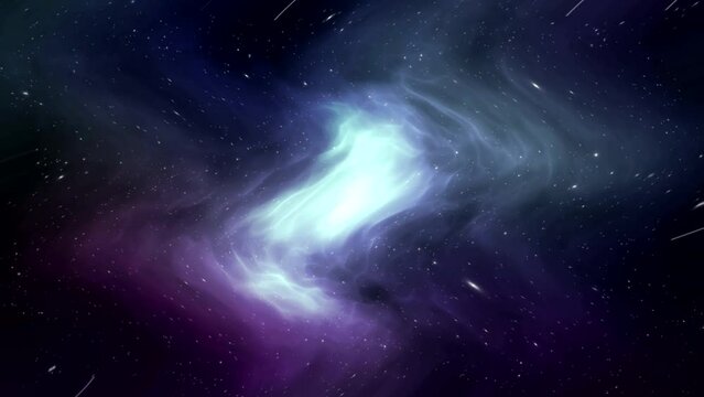 White dust flying out of the dark blue-purple depth, slow motion, black background space, galaxy.
