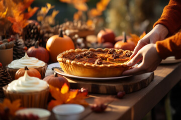 Close-up of hands reaching for servings of delicious pumpkin pie on an outdoor dessert table, showcasing the sweet finale to a Thanksgiving feast, Thanksgiving, Thanksgiving dinner - obrazy, fototapety, plakaty