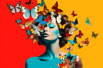 Surreal Pop Art Collage: A Portrait of a Woman Adorned with Butterflies in Her Hair - An Abstract...