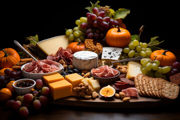Fototapeta na wymiar The artful arrangement of a Thanksgiving cheese and charcuterie board, showcasing an assortment of cheeses, meats, and garnishes, Thanksgiving, Thanksgiving dinner