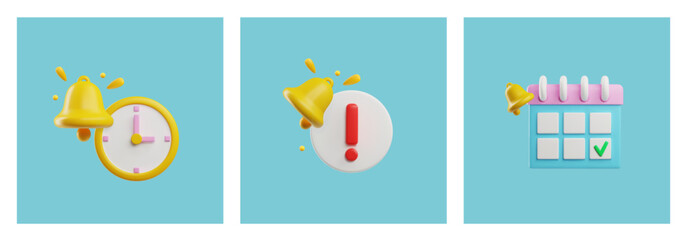 3D calendar appointment, reminder yellow ringing bell and clock, render planner with success check mark, time management