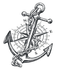 Compass, Rose of Wind and Anchor with rope in engraving style. Vintage sketch vector illustration © ~ Bitter ~