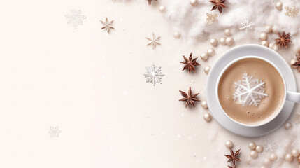Top view of a cup of cappuccino coffee or cocoa with snowflakes and spices on a light pastel background. Empty space for product placement or advertising text. - obrazy, fototapety, plakaty