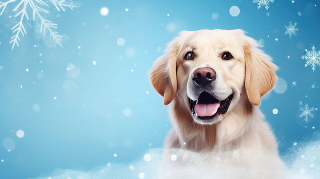 Golden retriever dog portrait on a blue background with falling snowflakes. Empty space for product placement or advertising text.