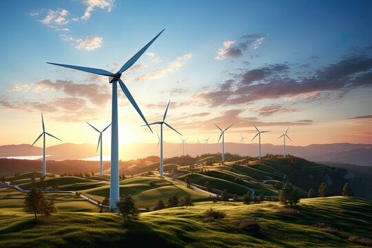 Wind farm or high wind turbine park for electric power. Green Energy. Generative AI