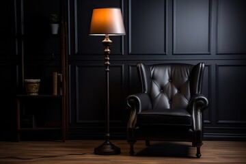 A room with a floor lamp with an open black shade.