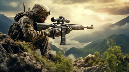 Unrecognizable professional soldier sniper. Generative Ai - obrazy, fototapety, plakaty