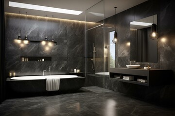 Contemporary bathroom featuring sleek black & white marble, shower cabin, brickwork, modern lighting, pendants & curtained window. Rendered in 3D. Generative AI - obrazy, fototapety, plakaty