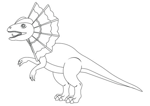 Black and White Dilophosaurus Dinosaur Cartoon Character Vector. Coloring Page of a Dilofosauro Dilophosaurus
