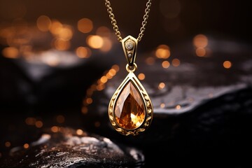 Shiny gold necklace with gemstone drop pendant - obrazy, fototapety, plakaty