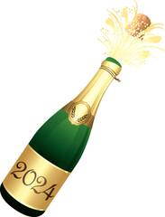 Champaign bottle. Happy New Year 2024. Cork explosion. Festive icon. Illustration. Vector icon. - obrazy, fototapety, plakaty