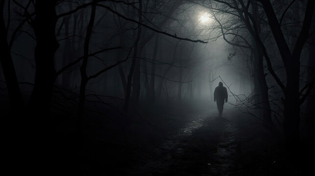 A man walking on a dark path in a strange dark forest with fog