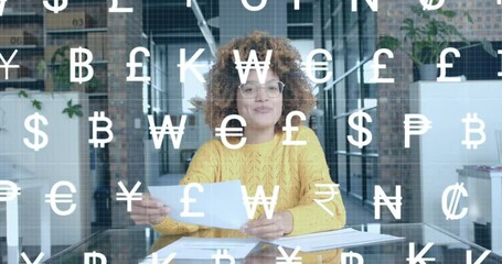 White currency symbols scrolling over happy biracial casual businesswoman having video call - Powered by Adobe