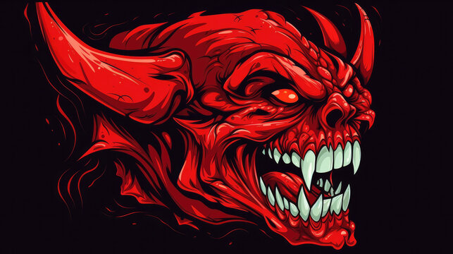 Devil scream character as a red demon or monster screaming with fangs and teeth with in an open mouth as a side view horror face