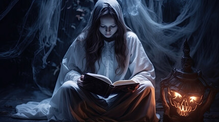 Ghost girl reading a book, Horror background for Halloween concept