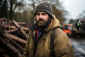 Fototapeta premium male lumberjack working outside and posing for photo wrapped up warm for cold weather